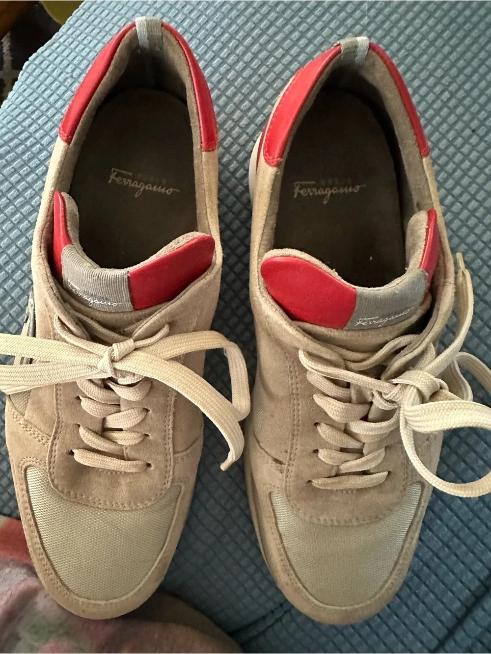 Salvatore Ferragamo Beige Suede & Mesh Sneakers with Red Accents